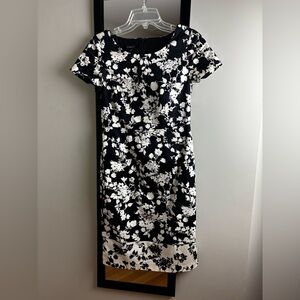 talbots black white floral cap sleeve pencil midi dress